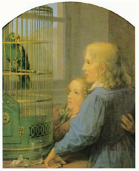 Georg Friedrich Kersting Zwei Kinder vor einem Papageienbauer Sweden oil painting art